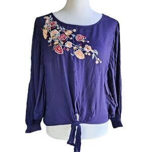 Wonderly Tie Front Floral Blouse Womens Medium Embroidered Cottagecore Boho Chic